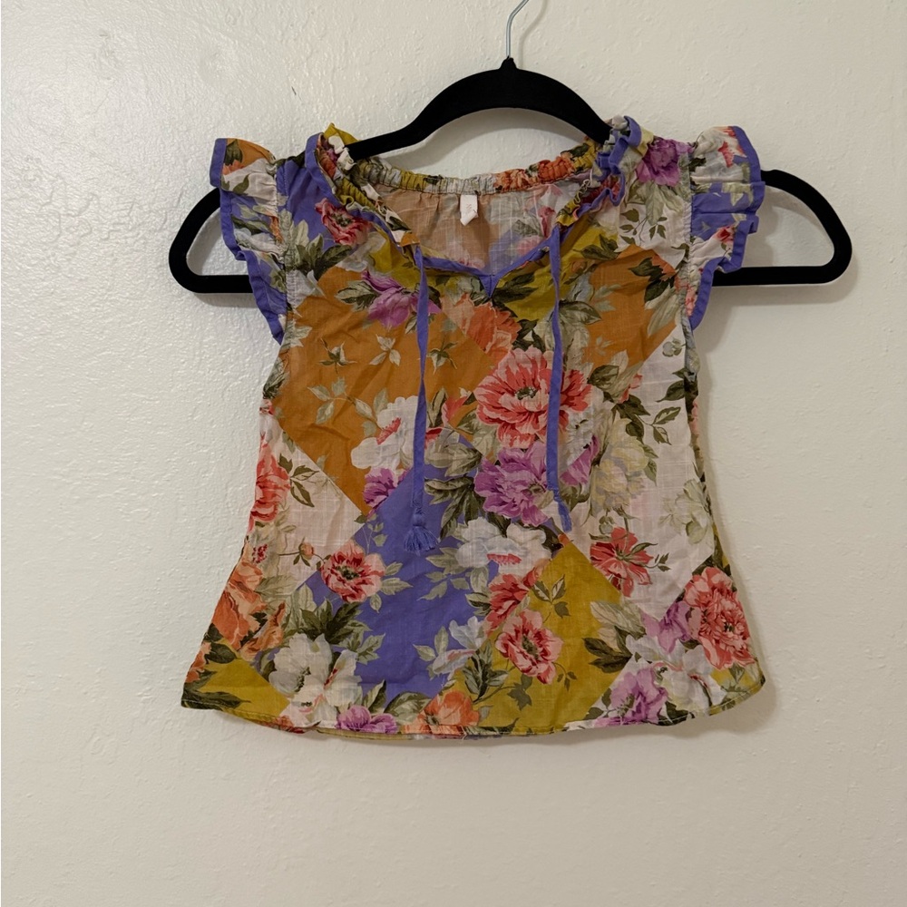 Zimmermann Floral Patchwork Ruffle Sleeve Top - Mustard, Lavender, Pink, Cream